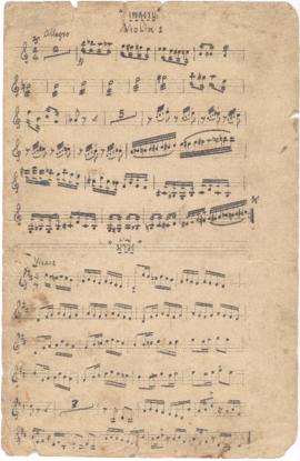 โน้ตเพลง เพลงรบ, เพลงม้าวิ่ง : Violin 1 part / ด้านหลัง เพลงสีเฟ, เพลงวิงวอน, เพลงปิดเรื่อง  : Vi...